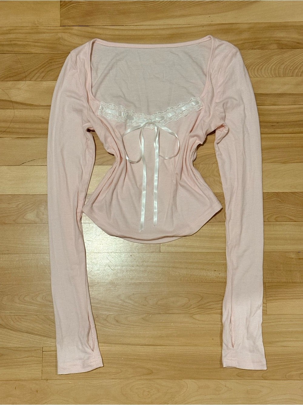 Coquette Ribbed Lace-Trim Long Sleeve Scoop Top - Light Pink